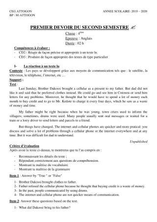 Première page de Anglais 4e, 4e ML — 1er devoir surveillé, 2e semestre (2019-2020) · CEG Attogon