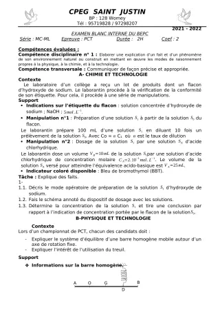 Première page de Examen Blanc de PCT — 3e — CPEG SAINT Justin (2021)