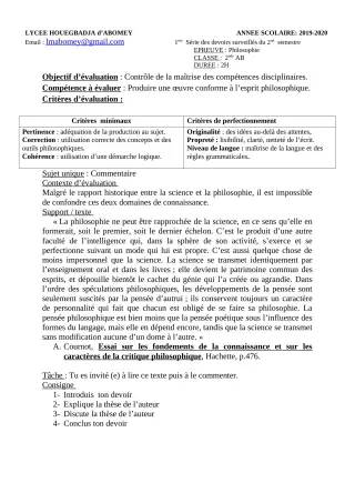 Première page de Philosophie 2nde A & B, 2nde D, 1ère A & B, 1ère D, Tle A & B, Tle D — Devoir surveillé, 2e semestre (2019-2020) · Lycée Houegbadja d'Abomey (Ex Mafory Bangoura)