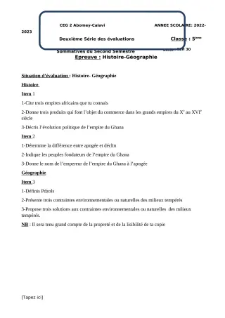 Première page de Histoire-Géographie 5e — 2e évaluation sommative, 2e semestre (2022-2023) · CEG2 ABOMEY - CALAVI (CEG ZOCA)