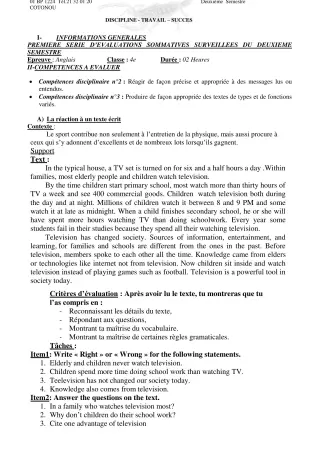 Première page de Anglais 4e — Évaluation sommative, 2e semestre (2020-2021) · CEG Dantokpa