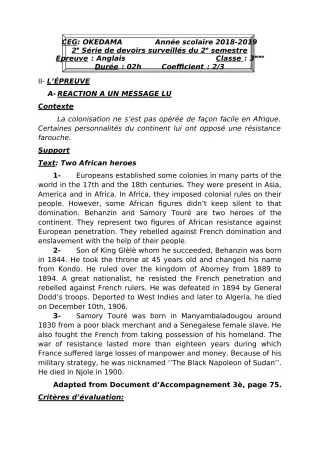 Première page de Anglais 3e, 3e ML — 2e devoir surveillé, 2e semestre (2018-2019) · CEG OKEDAMA