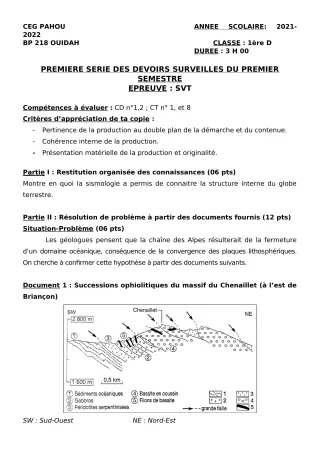Première page de SVT 1ère D — 1er devoir surveillé, 1er semestre (2021-2022) · CEG PAHOU
