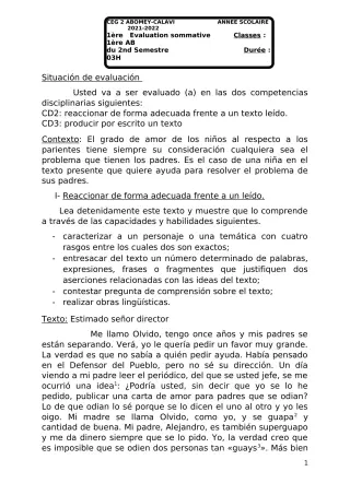 Première page de Espagnol 1ère A & B — 1re évaluation sommative, 2e semestre (2021-2022) · CEG2 ABOMEY - CALAVI (CEG ZOCA)