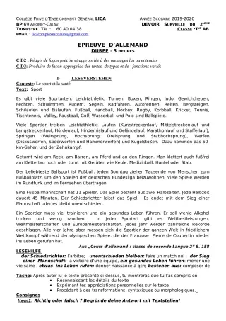 Première page de Allemand Tle A2, Tle B — Devoir surveillé, 1er trimestre (2019-2020) · CPEG LICA