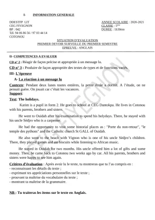 Première page de Anglais 5e — 1er devoir surveillé, 1er semestre (2020-2021) · CEG FIYEGNON