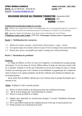 Première page de PCT 5e — 2e devoir surveillé, 1er trimestre (2022-2023) · CPEG MARIA-CAROLE