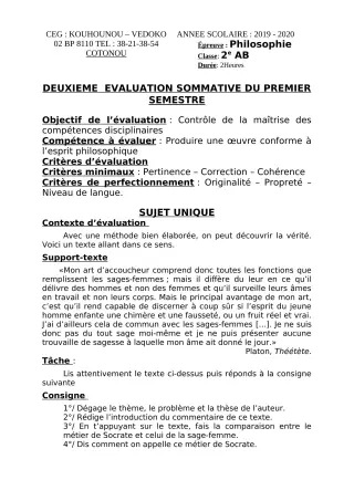 Première page de Philosophie 2nde A1, 2nde A2, 2nde B — 2e évaluation sommative, 1er semestre (2019-2020) · CEG Kouhounou-Vêdoko