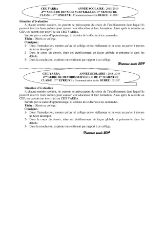 Première page de Français 5e — 2e devoir surveillé, 1er semestre (2018-2019) · CEG Yarra