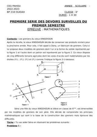 Première page de Mathématiques 6e — 1er devoir surveillé, 1er semestre (2022-2023) · CEG PAHOU