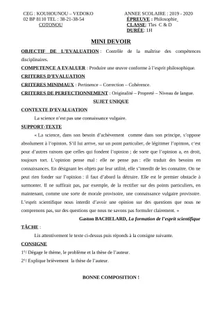 Première page de Philosophie Tle C, Tle D — Composition (2019-2020) · CEG Kouhounou-Vêdoko