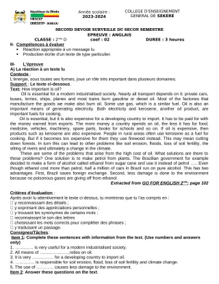 Première page de Anglais 2nde D — 2e devoir surveillé (2023-2024) · CEG SEKERE