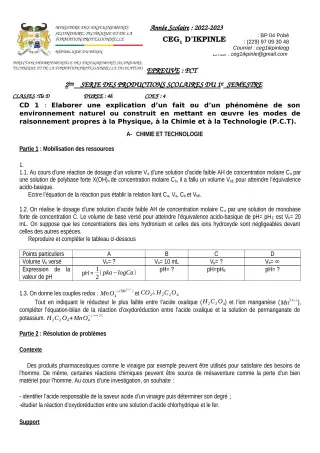 Première page de PCT Tle D — 2e production scolaire, 1er semestre (2022-2023) · CEG1 Ikpinlè