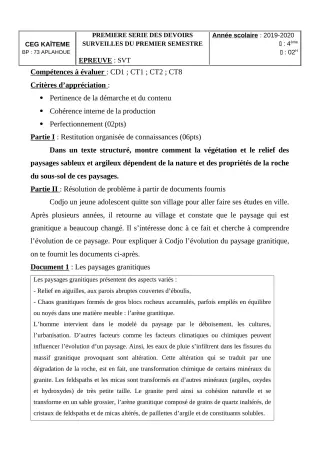 Première page de SVT 4e, 4e ML — 1er devoir surveillé, 1er semestre (2019-2020) · CEG Kaïtèmè
