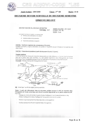 Première page de SVT 2nde B — 2e devoir surveillé, 2e semestre (2019-2020) · CEG ADJOVICODJI 'LES OLIVIERS'