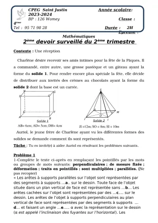 Première page de Mathématiques 4e, 2nde C, 2nde D — 2e devoir surveillé, 2e trimestre (2023-2024) · CPEG SAINT Justin