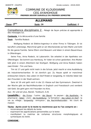 Première page de Allemand 4e ML, 3e ML — 1er devoir surveillé, 1er semestre (2019-2020) · CEG AYAHOHOUE