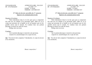 Première page de Français 6e — Devoir surveillé, 1er semestre (2018-2019) · CEG Banikanni