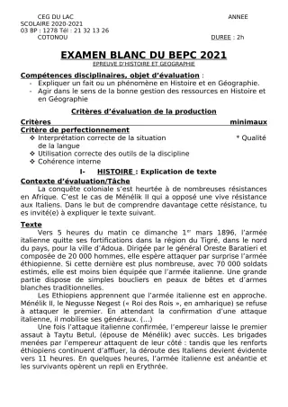 Première page de Examen Blanc de HIST-GEO — 3e, 3e ML — CEG du Lac (2020)