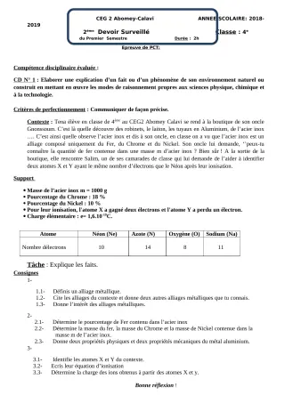 Première page de PCT 4e — 2e devoir surveillé, 1er semestre (2018-2019) · CEG2 ABOMEY - CALAVI (CEG ZOCA)