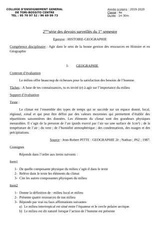 Première page de Histoire-Géographie 6e, 5e, 4e, 4e ML, 3e, 3e ML — Devoir surveillé, 1er semestre (2019-2020) · CEG Tori-Bossito Centre