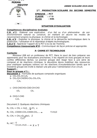 Première page de PCT 1ère D — 1re production scolaire, 2e semestre (2019-2020) · CEG Perma