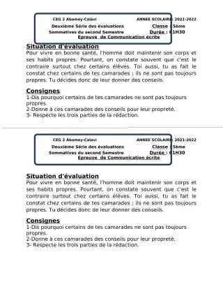 Première page de Français 5e — 2e évaluation sommative, 2e semestre (2021-2022) · CEG2 ABOMEY - CALAVI (CEG ZOCA)