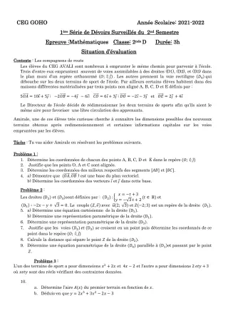 Première page de Mathématiques 2nde D — 1er devoir surveillé, 2e semestre (2021-2022) · CEG GOHO