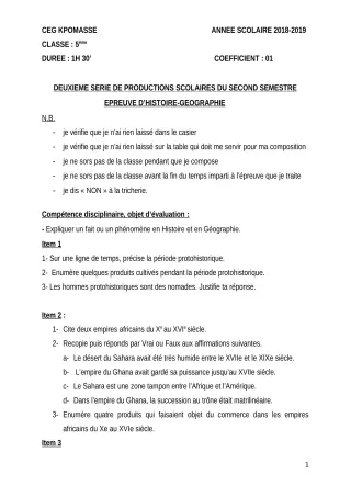 Première page de Histoire-Géographie 5e — 2e production scolaire, 2e semestre (2018-2019) · CEG Kpomassè