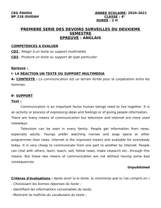 Première page de Anglais 4e — 1er devoir surveillé, 2e semestre (2020-2021) · CEG PAHOU