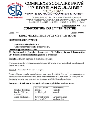Première page de SVT 3e, 3e ML — Composition (2019-2020) · CPEG PIERRE ANGULAIRE