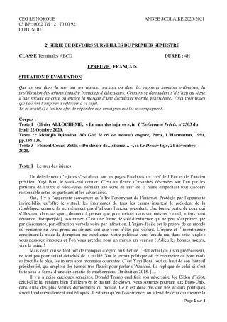 Première page de Français Tle A1, Tle A2, Tle B, Tle C, Tle D — 2e devoir surveillé, 1er semestre (2020-2021) · CEG LE NOKOUE