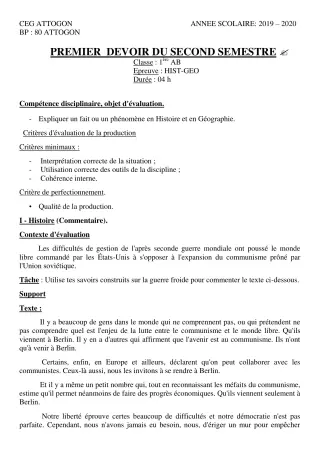 Première page de Histoire-Géographie 1ère A & B, 1ère A1, 1ère A2, 1ère B — 1er devoir surveillé, 2e semestre (2019-2020) · CEG Attogon