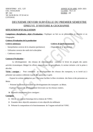 Première page de Histoire-Géographie Tle C, Tle D — 2e devoir surveillé, 1er semestre (2020-2021) · CEG FIYEGNON