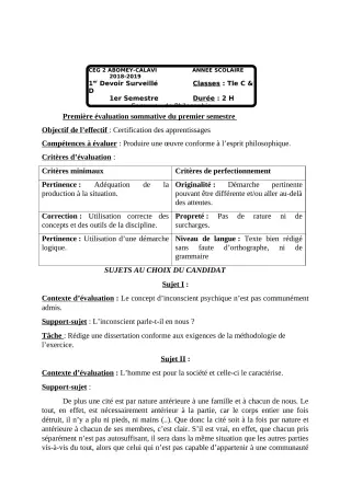 Première page de Philosophie Tle C, Tle D — 1er devoir surveillé, 1er semestre (2018-2019) · CEG2 ABOMEY - CALAVI (CEG ZOCA)