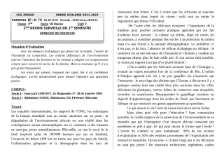 Première page de Français 2nde A, 2nde A2, 2nde B, 2nde C, 2nde D — Devoir surveillé (2021-2022) · CEG ZONGO