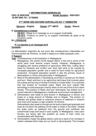 Première page de Anglais 2nde A1, 2nde A2, 2nde B, 2nde C, 2nde D — 2e devoir surveillé, 1er semestre (2020-2021) · CEG LE NOKOUE