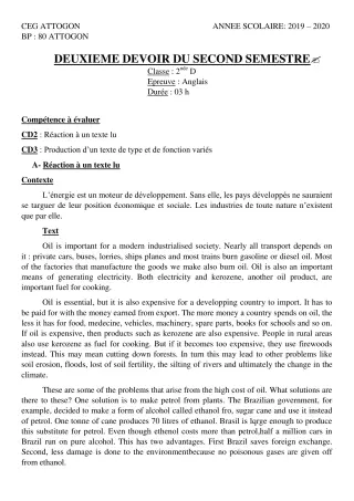 Première page de Anglais 2nde D — 2e devoir surveillé, 2e semestre (2019-2020) · CEG Attogon
