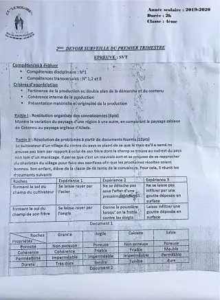 Première page de SVT 4e, 4e ML — 2e devoir surveillé, 1er trimestre (2019-2020) · CPEG ROSAIRE