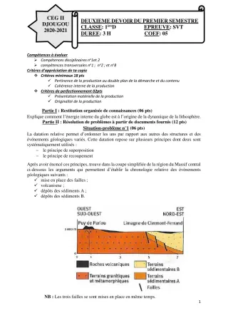 Première page de SVT 1ère D — 2e devoir surveillé, 1er semestre (2020-2021) · CEG 2 Djougou