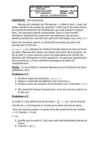 Première page de Mathématiques Tle A1, Tle A2, Tle B — 2e devoir surveillé, 2e semestre (2018-2019) · CEG2 ABOMEY - CALAVI (CEG ZOCA)