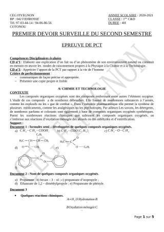Première page de PCT 1ère C, 1ère D — 1er devoir surveillé, 2e semestre (2020-2021) · CEG FIYEGNON