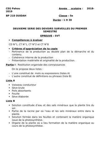 Première page de SVT 5e — 2e devoir surveillé, 1er semestre (2018-2019) · CEG PAHOU