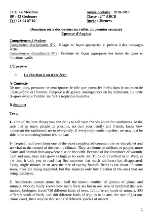 Première page de Anglais 2nde A & B, 2nde C, 2nde D — 2e devoir surveillé, 1er semestre (2018-2019) · CEG Le Méridien