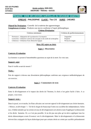 Première page de Philosophie 2nde A & B, 2nde A1, 2nde A2, 2nde B, 1ère A1, 1ère A2, 1ère B, Tle A1, Tle A2, Tle B — 1er devoir surveillé, 2e semestre (2020-2021) · CEG Les Pylônes