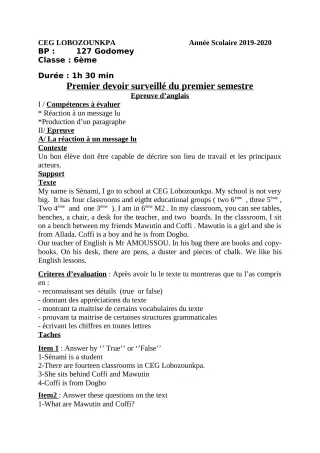 Première page de Anglais 6e — 1er devoir surveillé, 1er semestre (2019-2020) · CEG Lobozounkpa
