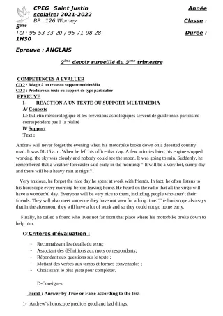 Première page de Anglais 5e, 1ère A2, 1ère B, 1ère C, 1ère D — 2e devoir surveillé, 3e trimestre (2021-2022) · CPEG SAINT Justin