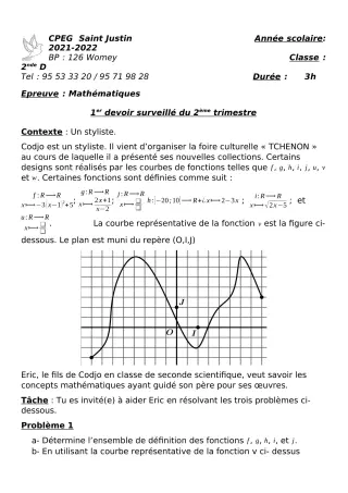 Première page de Mathématiques 2nde D, 1ère D — 1er devoir surveillé, 2e trimestre (2021-2022) · CPEG SAINT Justin