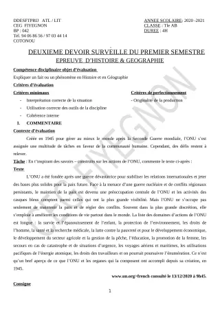 Première page de Histoire-Géographie Tle A1, Tle A2, Tle B — 2e devoir surveillé, 1er semestre (2020-2021) · CEG FIYEGNON