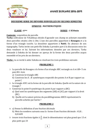 Première page de Mathématiques 6e, 5e, 4e, 4e ML, 3e, 3e ML — 2e devoir surveillé, 2e semestre (2018-2019) · CEG TAMPÈGRÉ